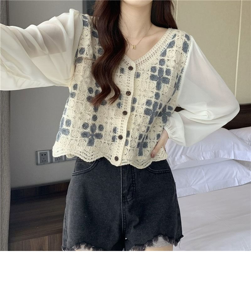 Blouse Knit Panel Crochet Long-Sleeve V-Neck