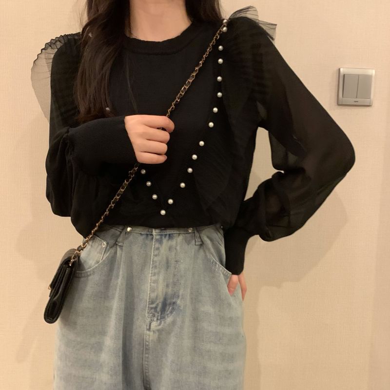 Ruffle Neck Crew Plain Faux Long-Sleeve Pearl Knit Top Trim