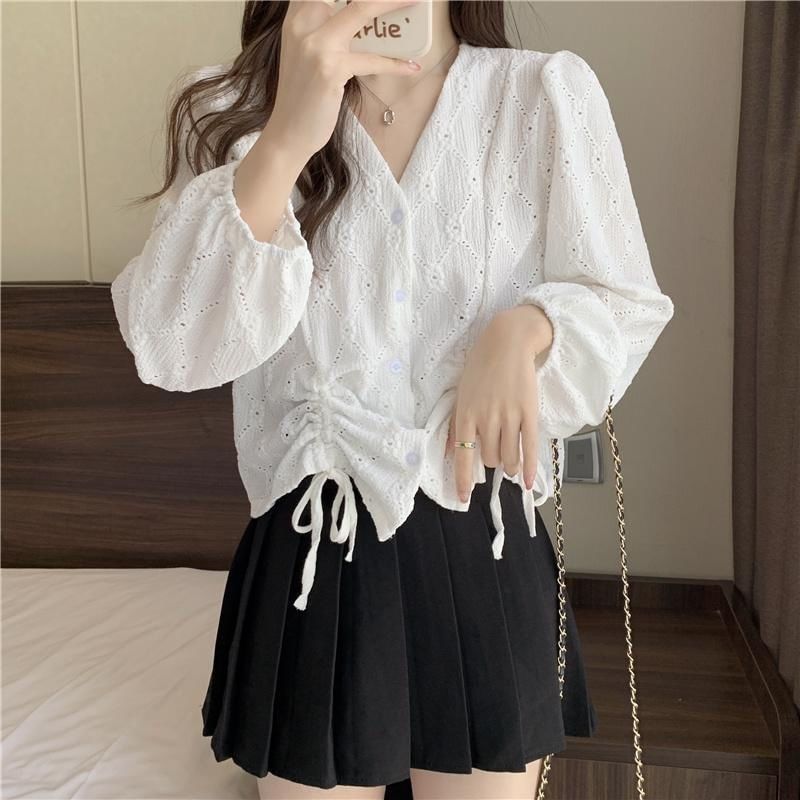 V-Neck Plain Drawstring Long-Sleeve Blouse Eyelet