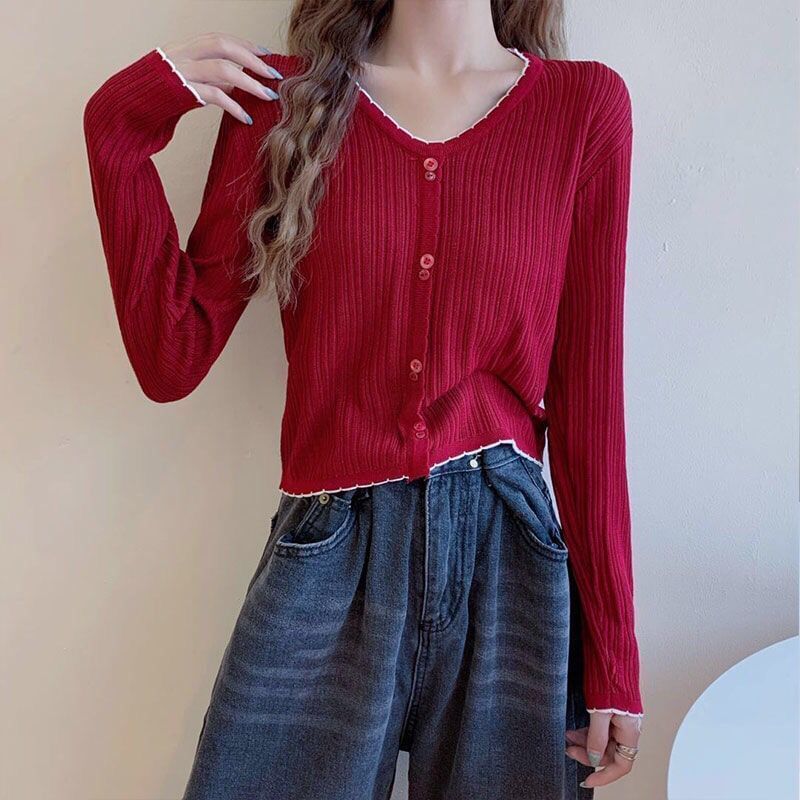 Crop Trim Ribbed Long-Sleeve V-Neck Contrast Knit Button Top