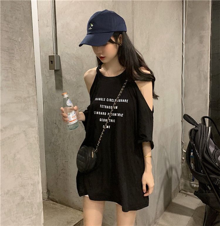 Neck T-Shirt Lettering Shoulder 3/4-Sleeve Crew Print Cold