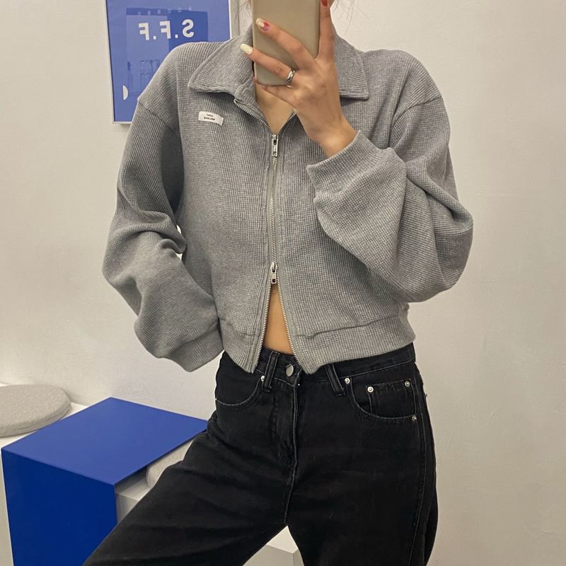 Plain Waffle Jacket Crop Applique Collared Zip-Up