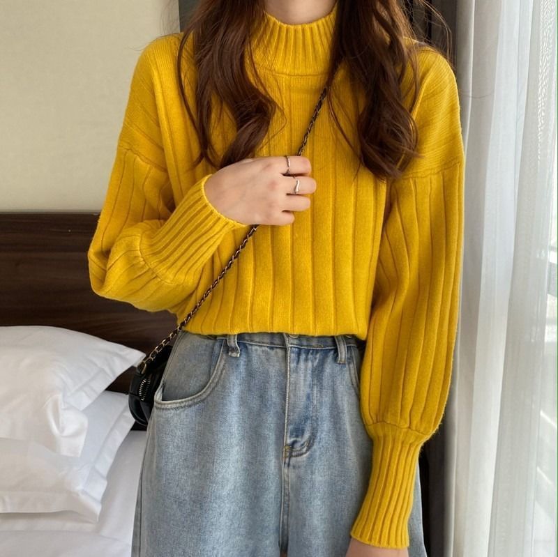Plain Neck Sweater Mock Ribbed