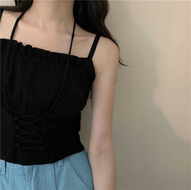 Lace Ruched Crop Plain Camisole Top Up