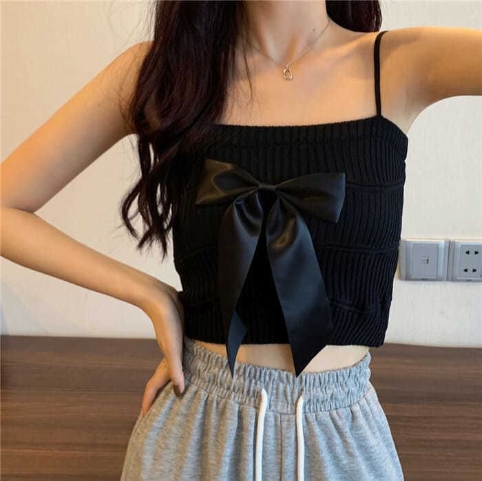 Bow Top Camisole Ribbed Knit Plain