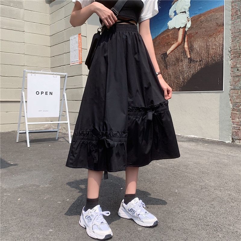 Panel A-Line Skirt Bow Elastic Plain Midi Waist