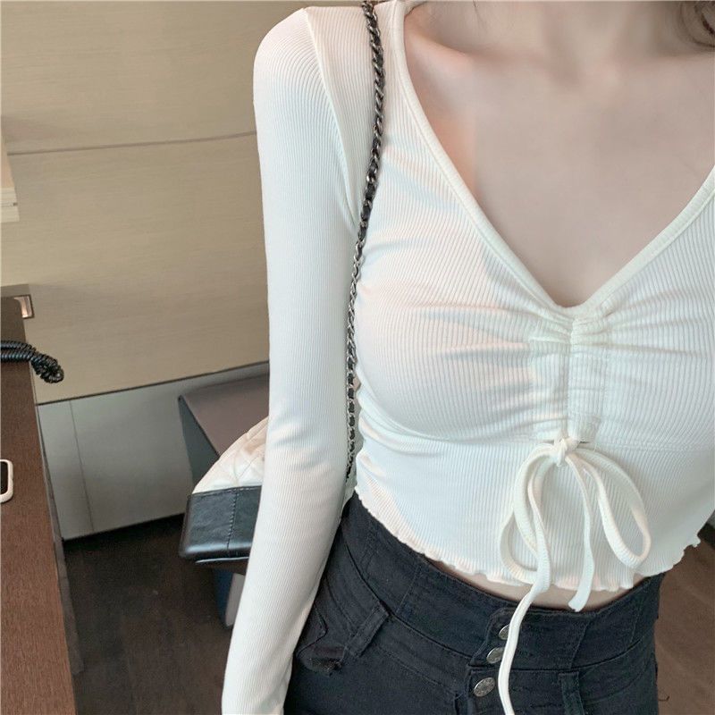 Plain Crop V-Neck Long-Sleeve T-Shirt Drawstring
