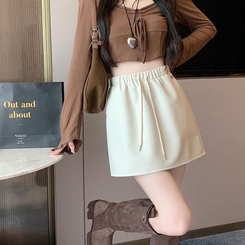 Drawstring A-Line Mini Faux Skirt Plain Waist Leather