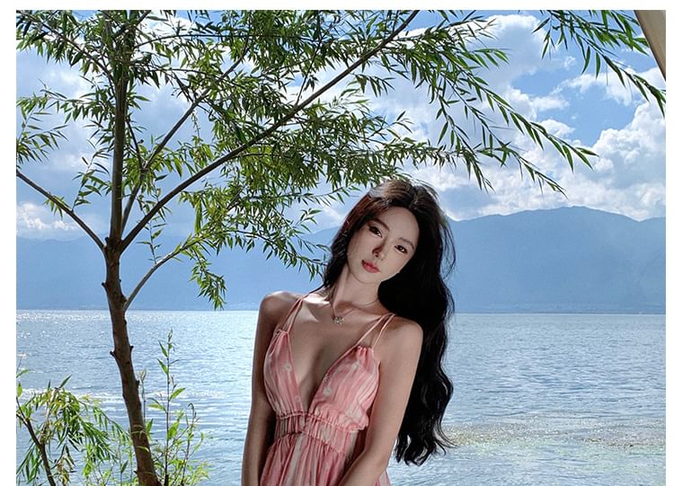 V-Neck Spaghetti Print Floral Dress Maxi A-Line Strap