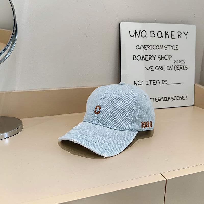 Baseball Distressed Denim Cap Embroidered Lettering