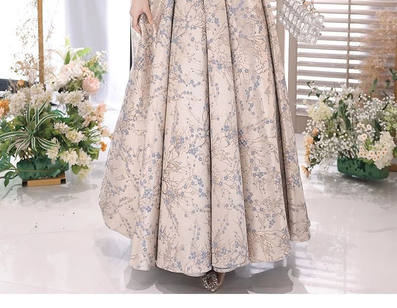 Evening Floral Puff-Sleeve A-Line Gown