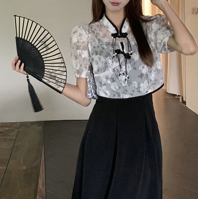 Short-Sleeve Plain A-Line Floral Set: + Spaghetti Dress Midi Blouse Strap