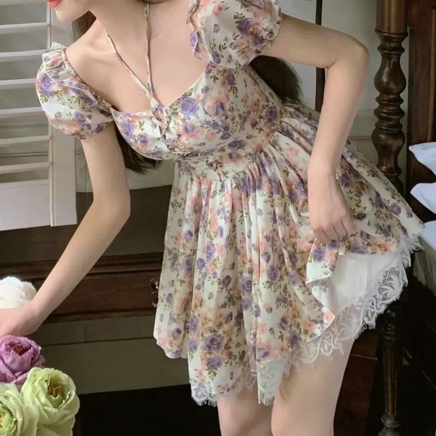 A-Line Dress Mini Lace-Up Puff-Sleeve Trim Lace Floral