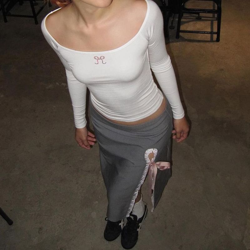 Skirt Plain Lace Trim Rise High Ribbon Pencil Midi