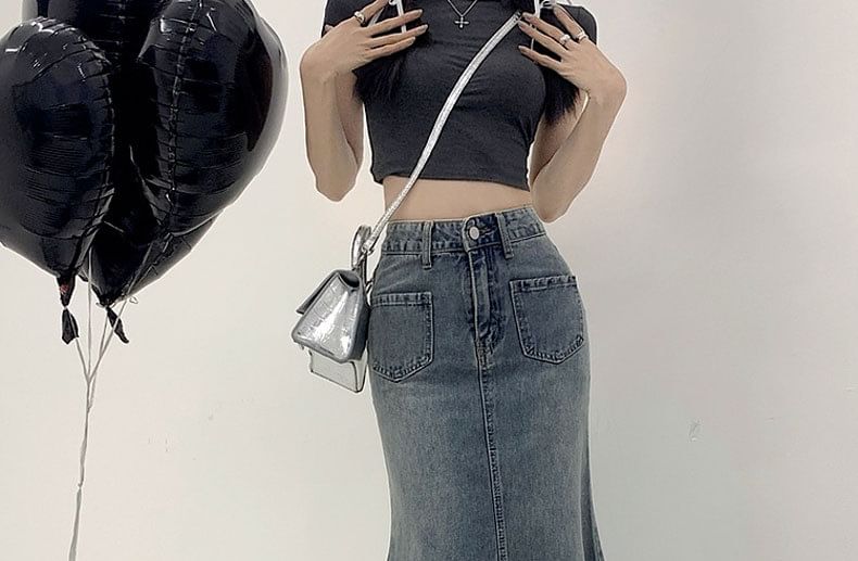 Skirt High Waist Midi Washed Denim Mermaid Fray