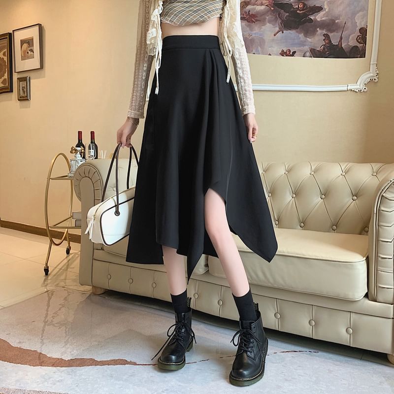 A-Line Plain Elastic Midi Skirt Asymmetrical Waist