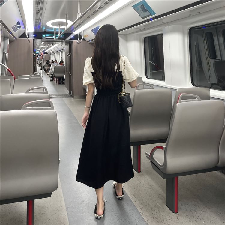 Mock A-Line Puff Midi V-Neck Dress Ruched Sleeve Two Piece