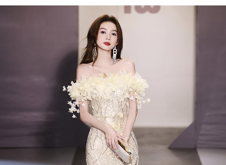 Evening Sequin Off-Shoulder Gown Mermaid Flower Detail