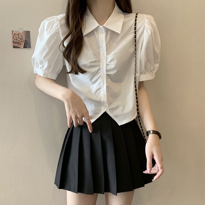 Crop Shirt Plain Short-Sleeve