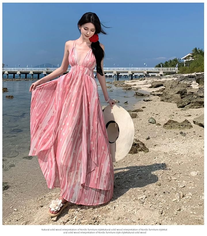 V-Neck Maxi Patterned Spaghetti Dress A-Line Strap