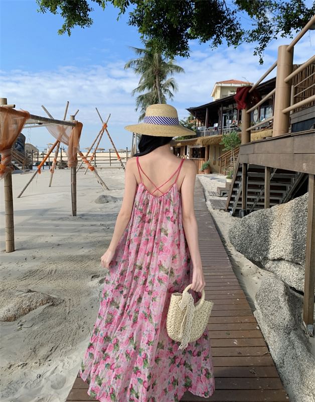 Maxi Strap Floral Dress A-Line Spaghetti Neck Scoop