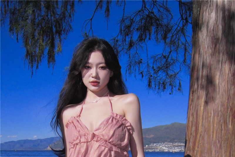 A-Line Maxi Halter Trim Dress Ruffle V-Neck Plain