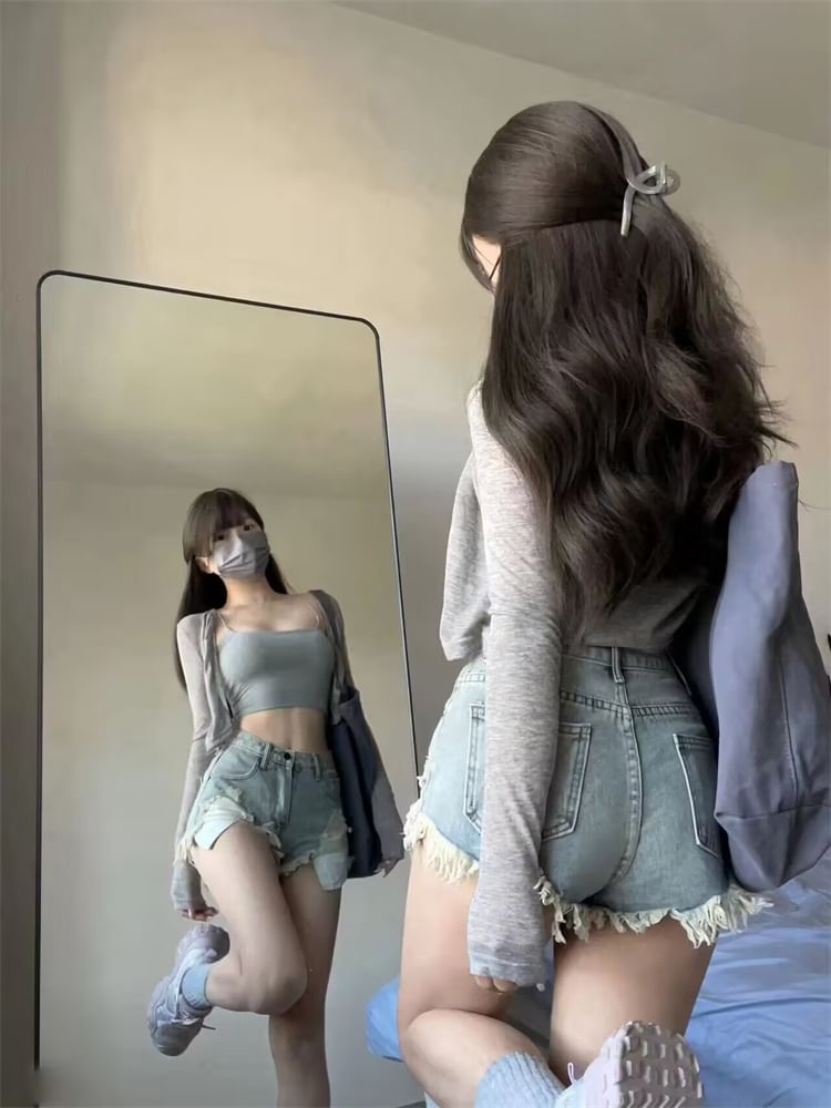 Pantalon chaud en denim vieilli taille haute