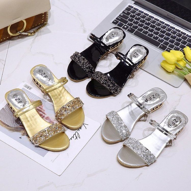 Heel Sequin Low Sandals