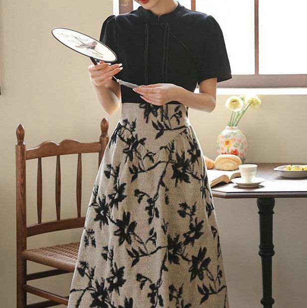 A-Line Collar Floral Mandarin Panel Dress Midi Short-Sleeve