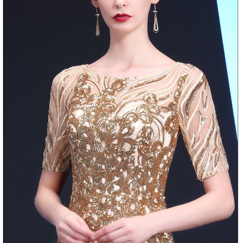 Neck Trumpet Gown Patterned Evening Short-Sleeve Sequin Round