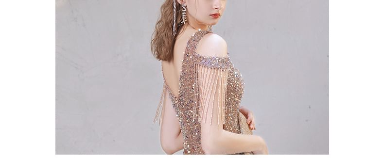 Cold Sequin Fringe Beaded Dress Trumpet Shoulder Sleeve Evening Cap