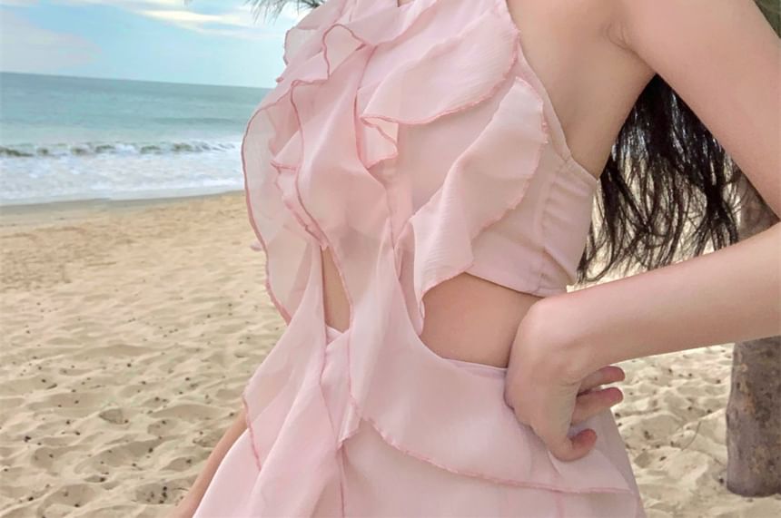 Mini-robe A à volants unie avec col licou