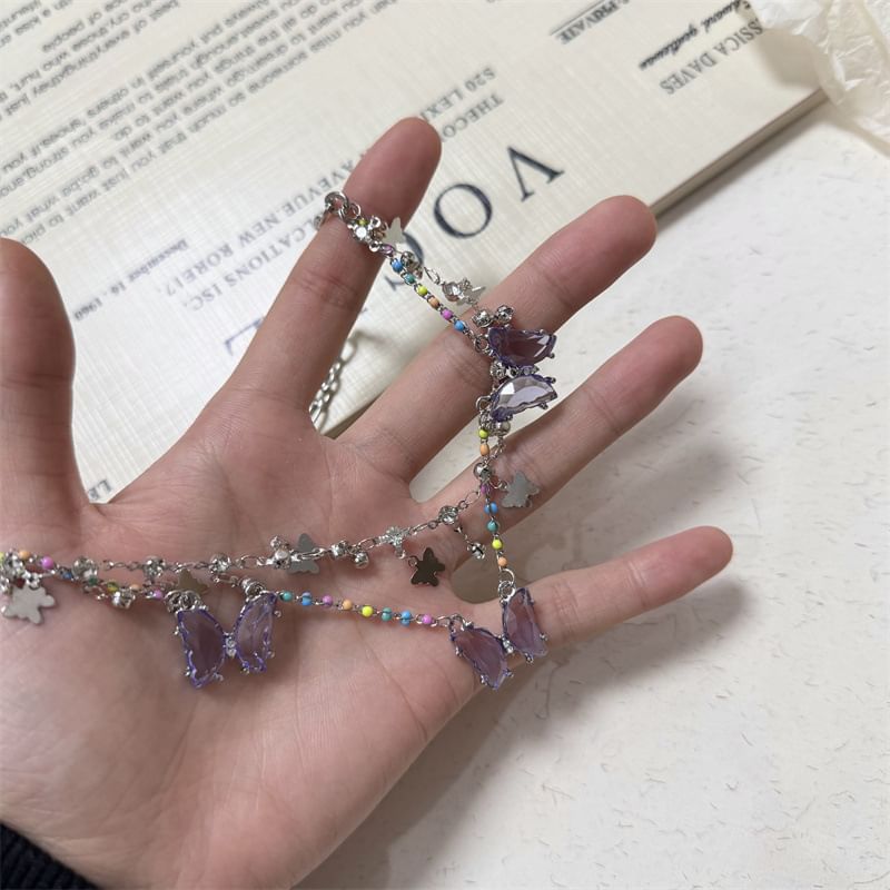 Butterfly Faux Layered Crystal Fringed Necklace