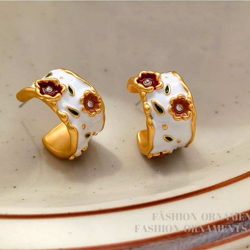 Boucle d'oreille créole ouverte en alliage émaillé floral