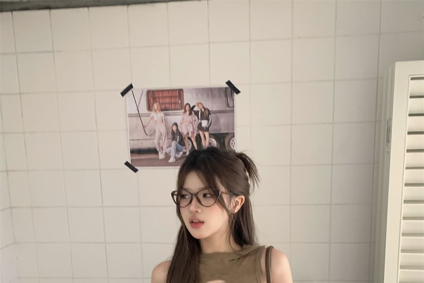 Round Top Mini Skirt Cutout Mid Pencil Waist Faux / Neck Leather Sleeveless