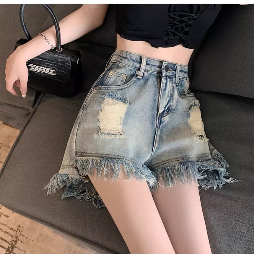 Denim High Waist Distressed Washed Fringe Shorts