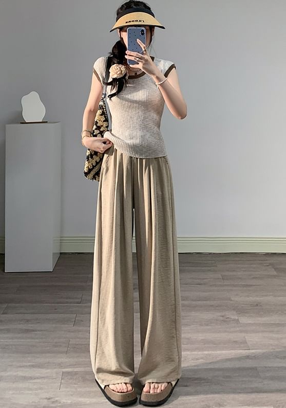 Pantalon de survêtement uni à taille haute et jambe large