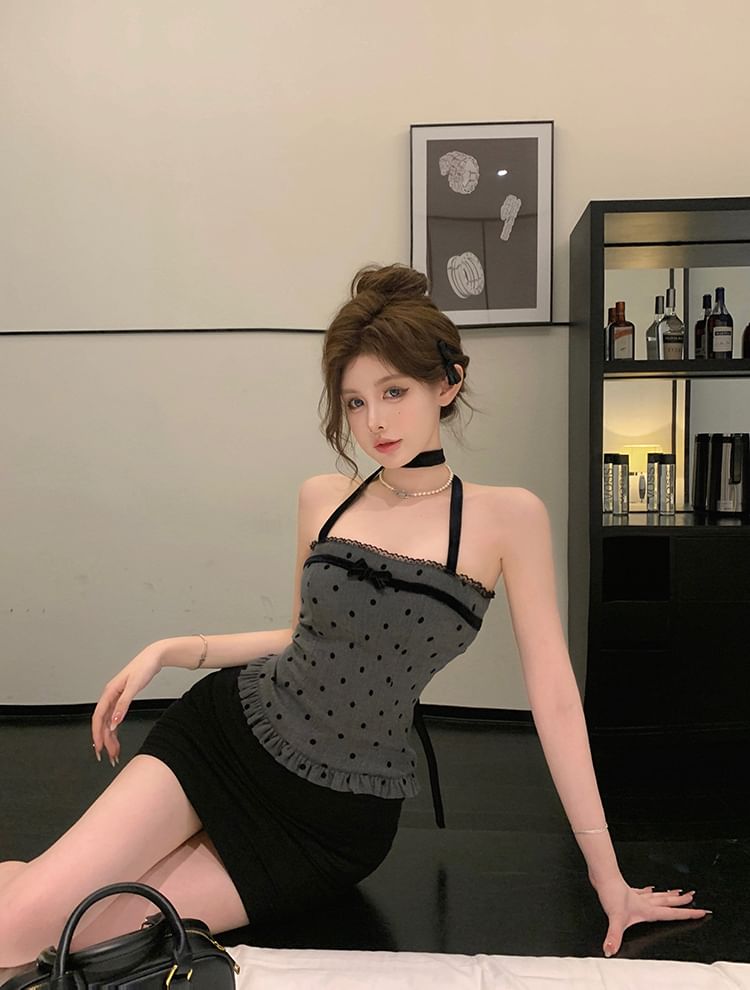 Halter-Neck Top Dotted Trim Ruffle Bow