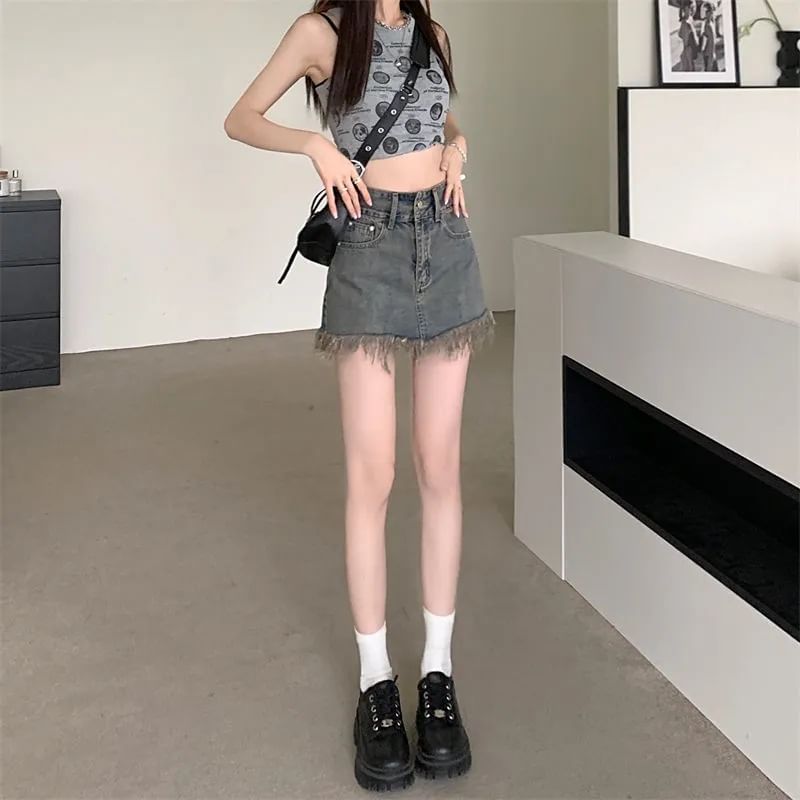High Waist Pencil Mini Fringed Skirt Hem Denim