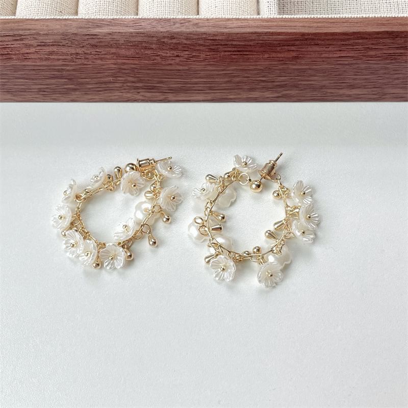 Earring Pearl Faux Hoop Floral Fringed