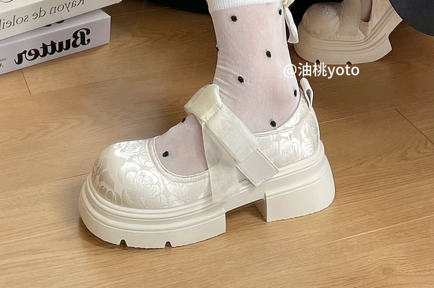 Chaussures Mary Jane à plateforme et bride adhésive avec nœud en jacquard floral