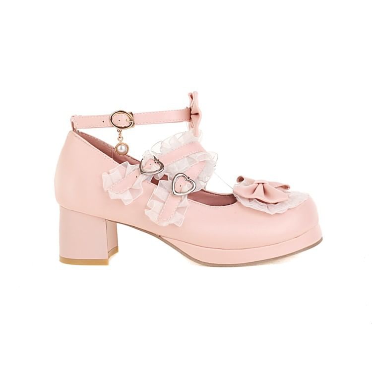 Platform Chunky Bow Heel Jane Mary Ruffle Pumps Strappy