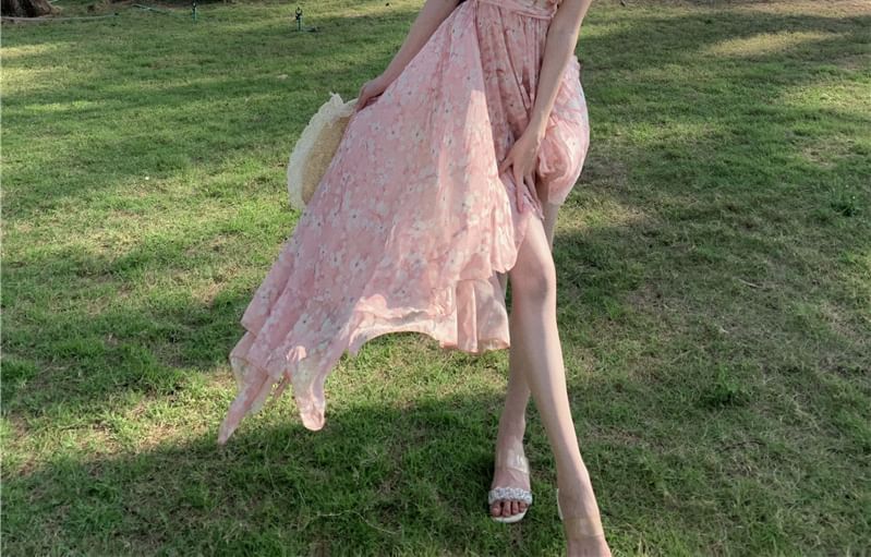 Ruffle Trim V-Neck Asymmetrical Open A-Line Dress Floral Ruched Print Back Halter