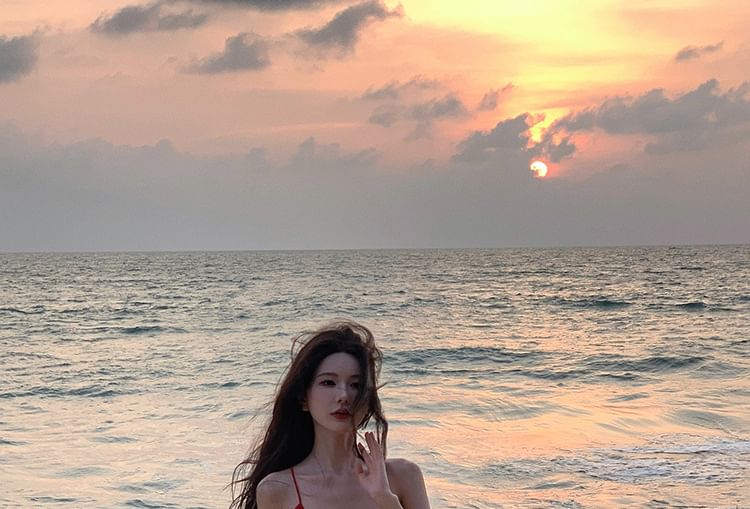 Dress Ruffle V-Neck Maxi Strap Plunge Open Trim Back A-Line Spaghetti Plain Slit