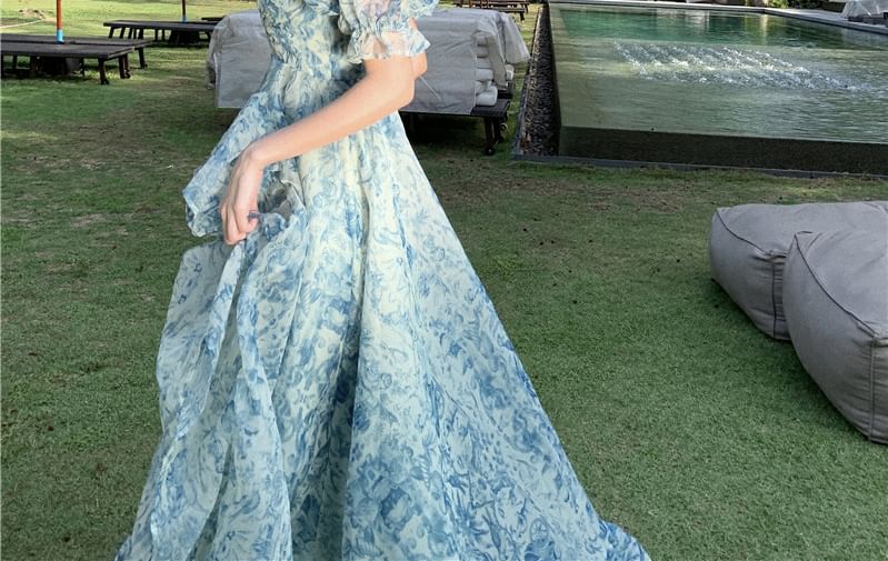 Floral Print Slit A-Line Dress Puff-Sleeve Off-Shoulder Maxi Trim Ruffle