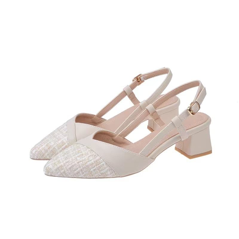Tweed Heel Pointed Slingback Toe Block Pumps Panel