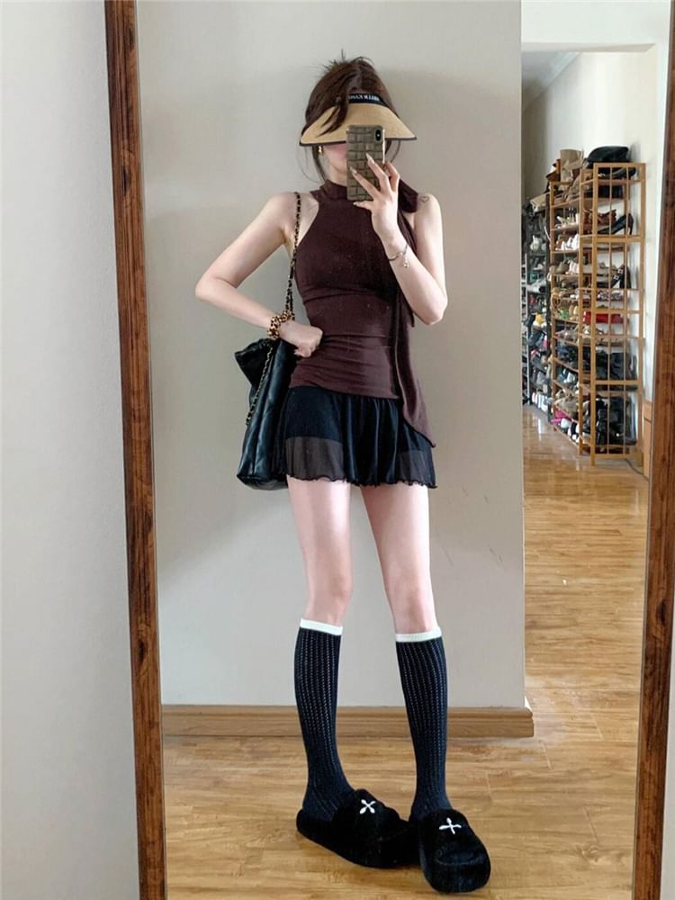 Haut ajusté uni à col licou et nœud / Mini A transparent à taille haute avec bordure ondulée