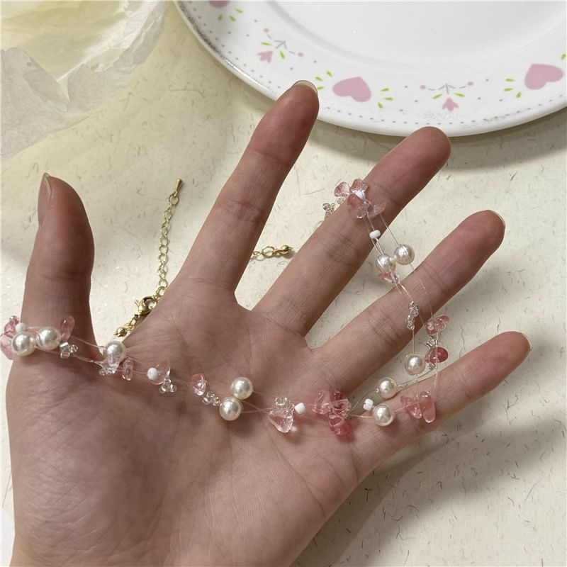 Faux Layered Crystal Choker Pearl