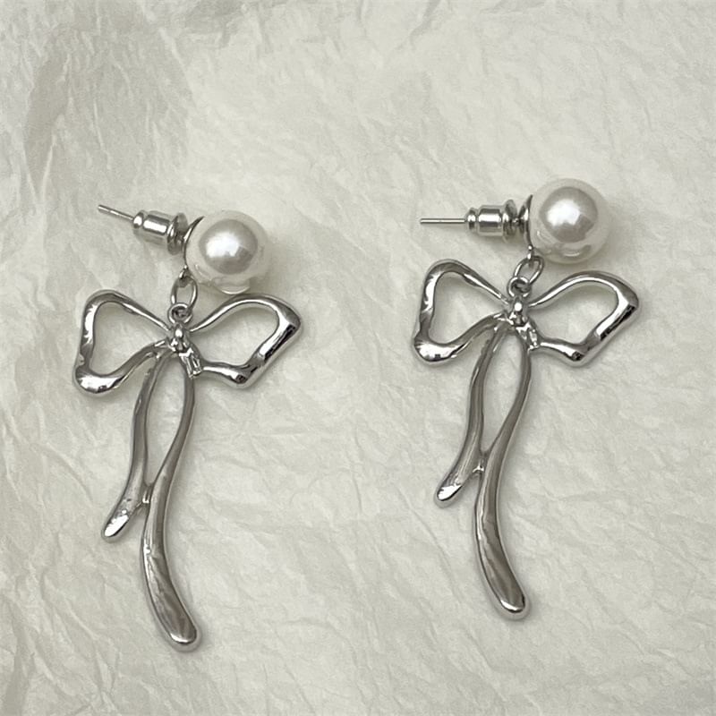 Bow Alloy Drop Faux Pearl Earring