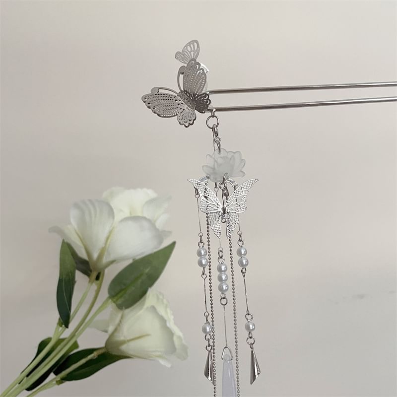 Hair Lotus Pearl Butterfly Faux Stick Alloy
